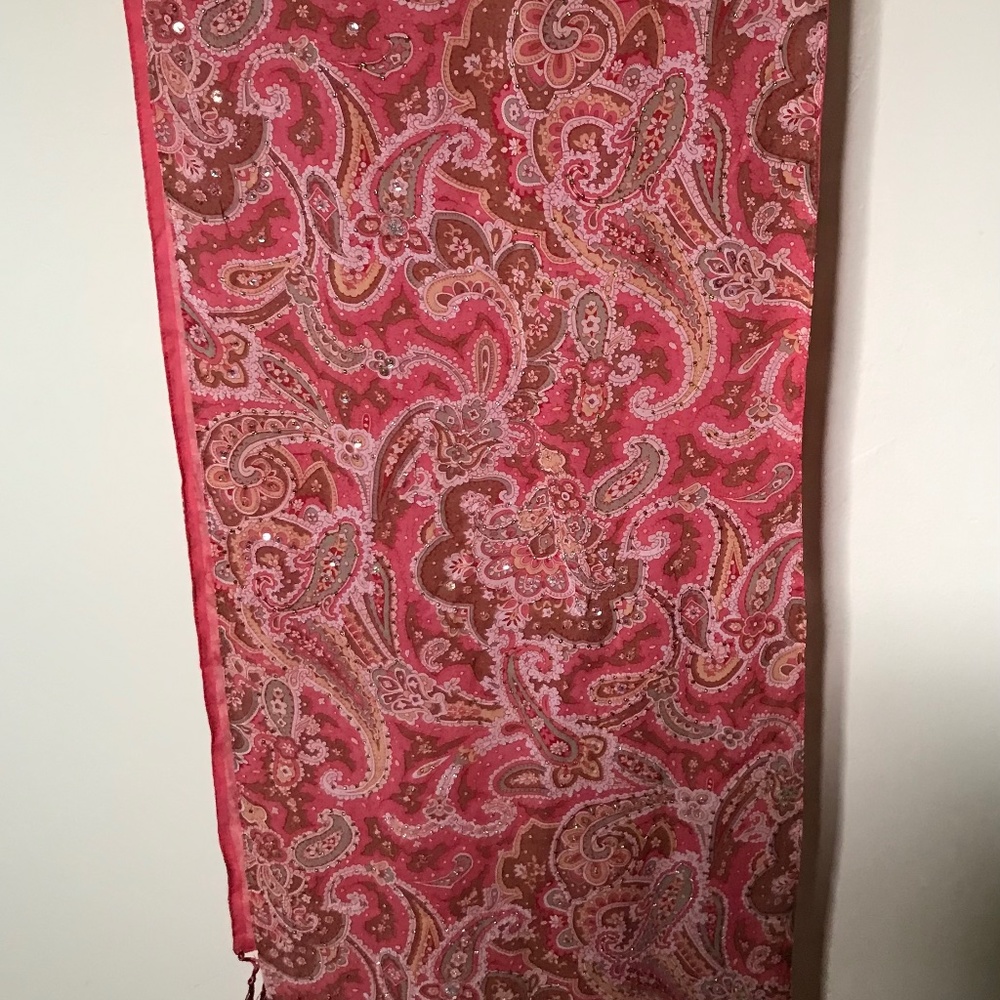 Paisley Rose Pashmina  Scarf Wrap With Fringe & Beads Silk Blend Shawl 64”x13”